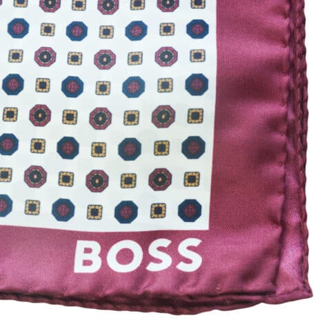 Μεταξωτό μαντήλι Boss λευκό, με μπορντό μπορντούρα και μικροσχέδιο