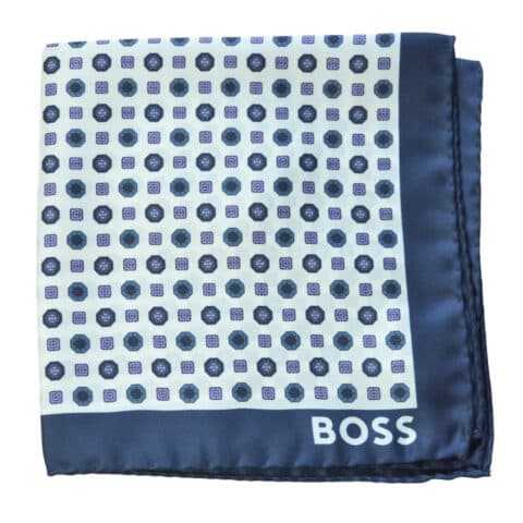 Μεταξωτό μαντήλι Boss λευκό, με μπλε μπορντούρα και μικροσχέδιο