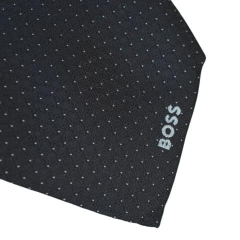 Μεταξωτή Γραβάτα BOSS, 7,5cm, Μαύρη με λευκά πουά και εμφανές λογότυπο BOSS