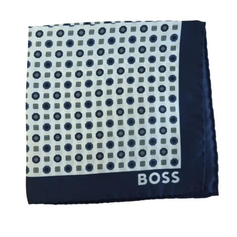 Μεταξωτό μαντήλι Boss λευκό, με μπλε μπορντούρα και μικροσχέδιο